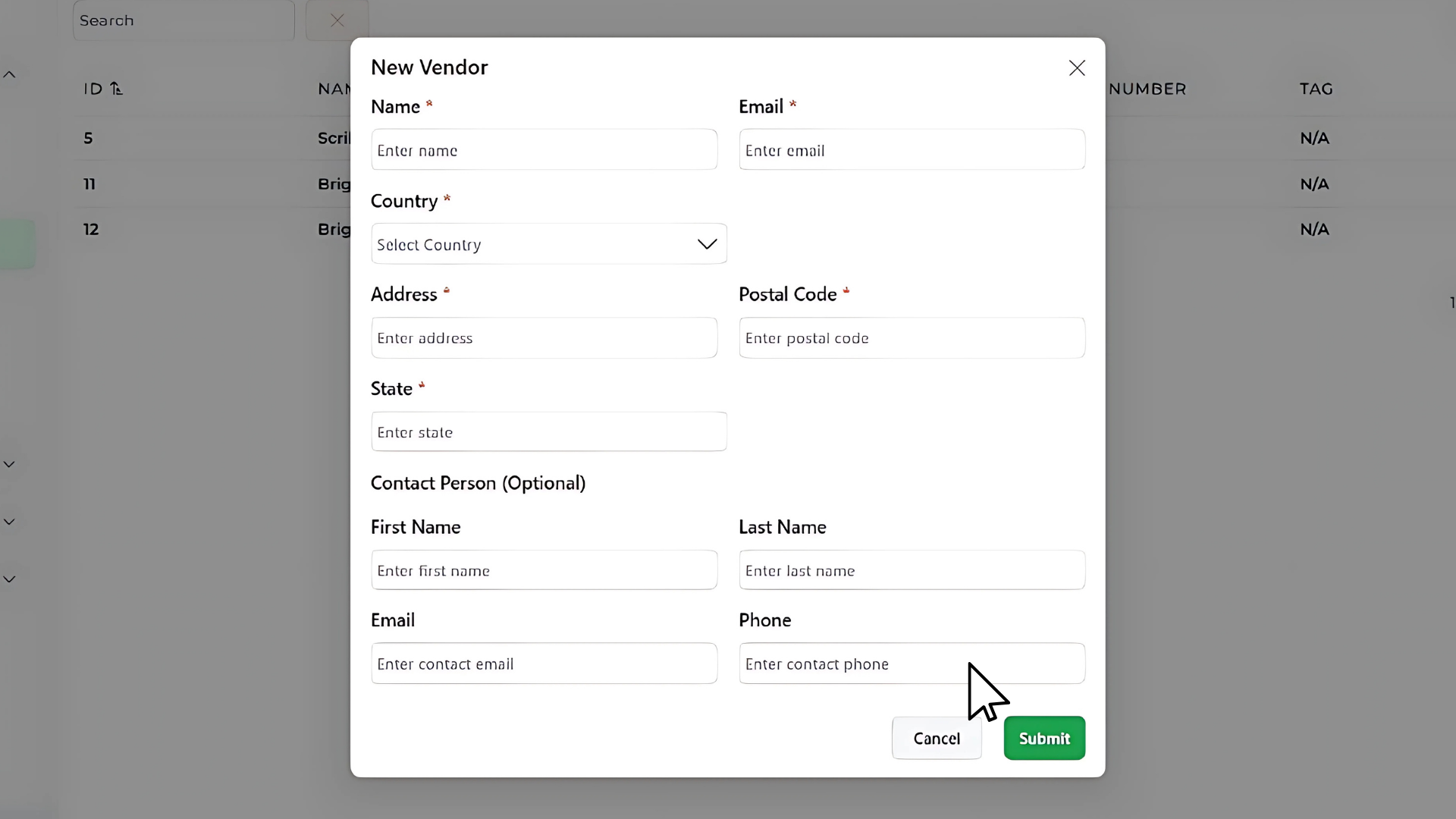 fill up new vendor details
