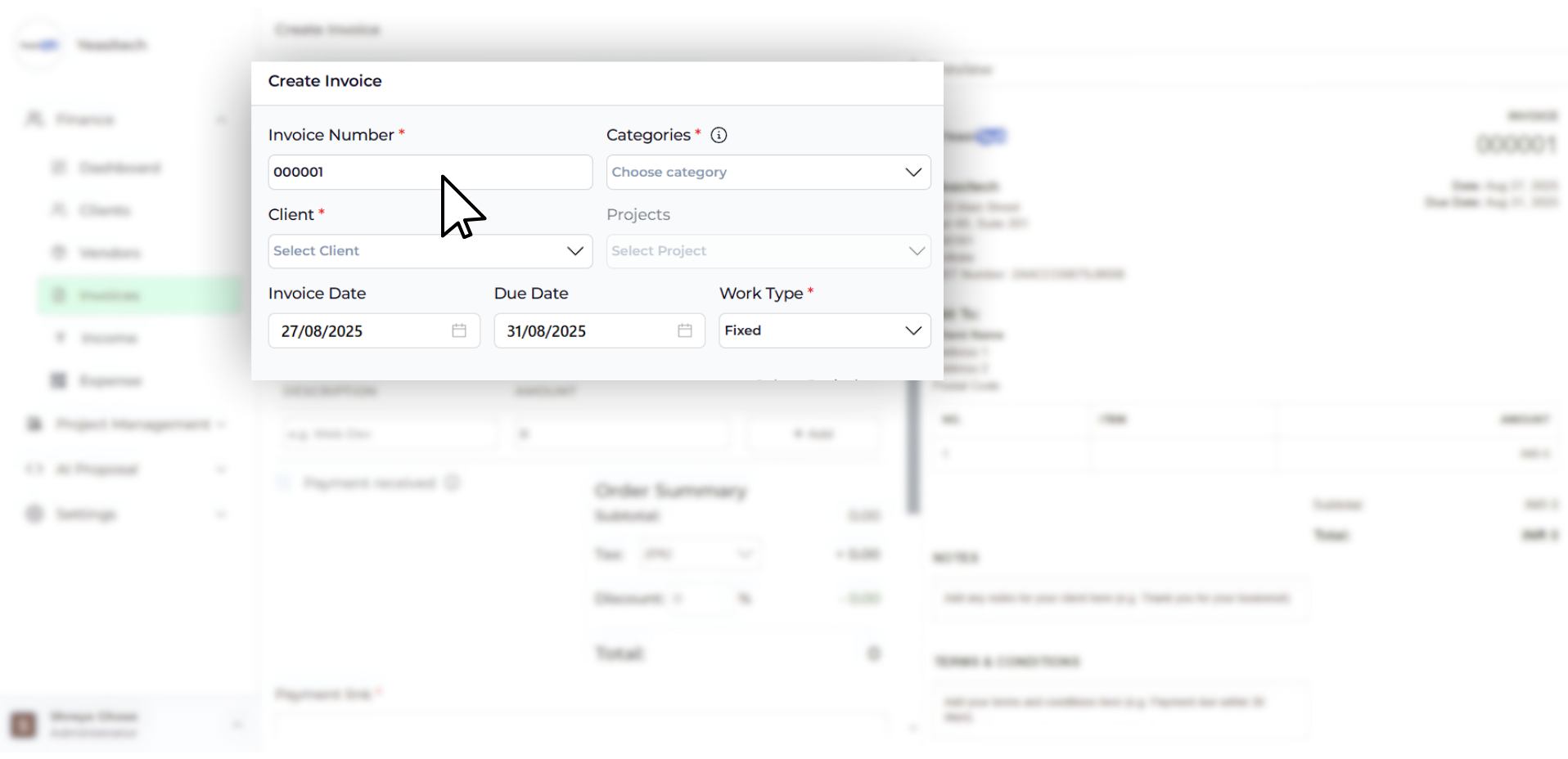 create a new invoice by filling in the details