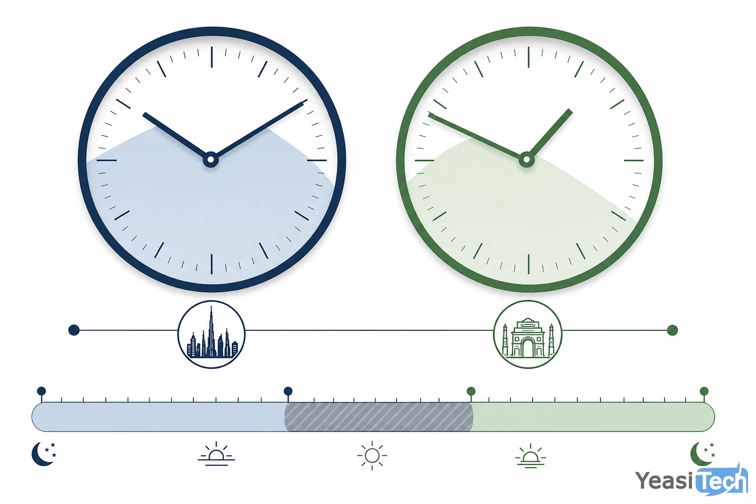 comparison infographic: IST runs 1.5 hours ahead of GST, creating a natural 4-6 hour daily overlap that enables same-day stan